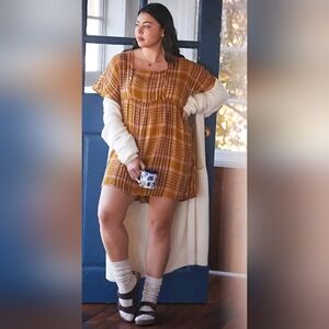 Anthropologie Plaid Short Sleeve Tunic Dress in Mustard